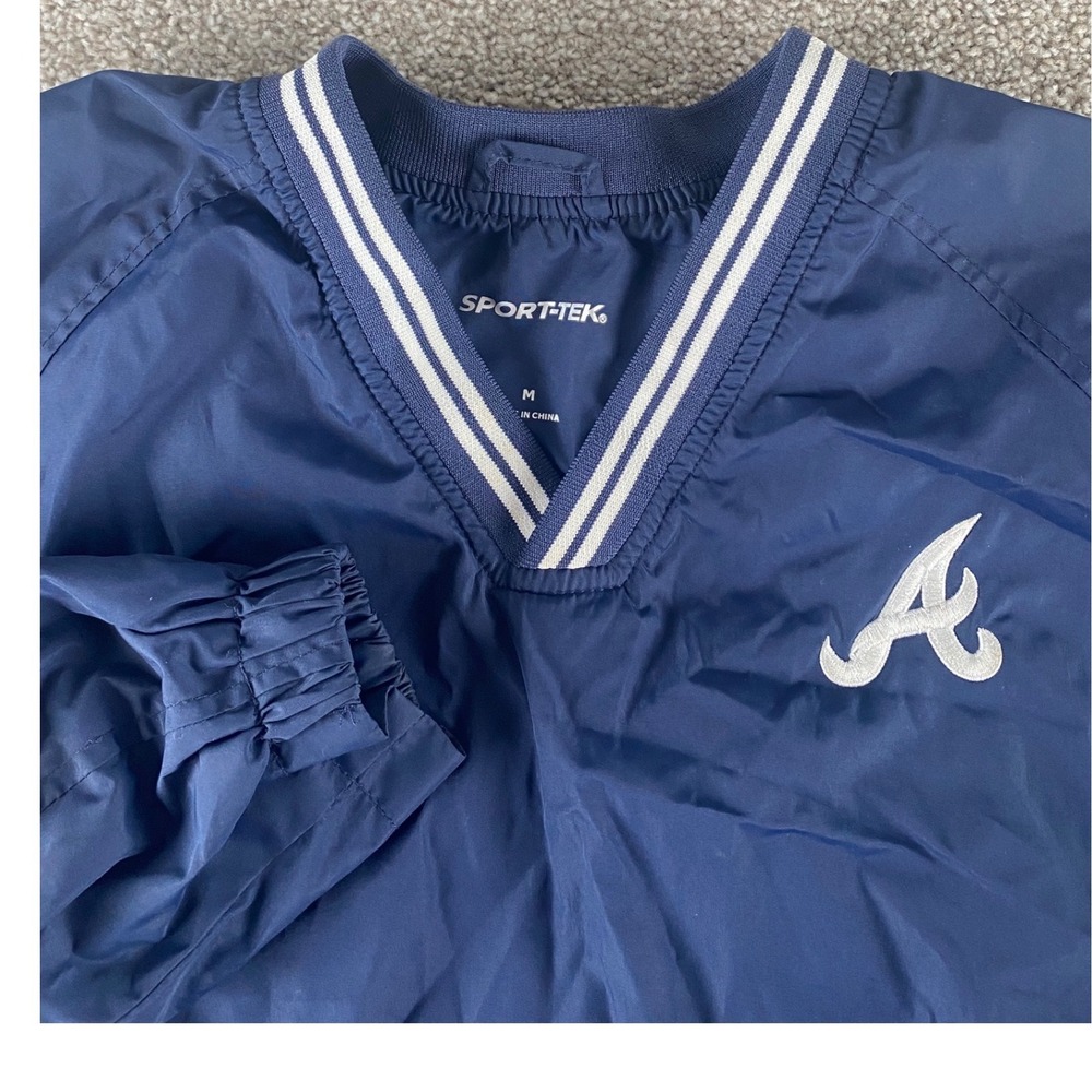 Sport-Tek Mens M Navy Blue V-Neck Atlanta Braves Windbreaker Pullover Jacket